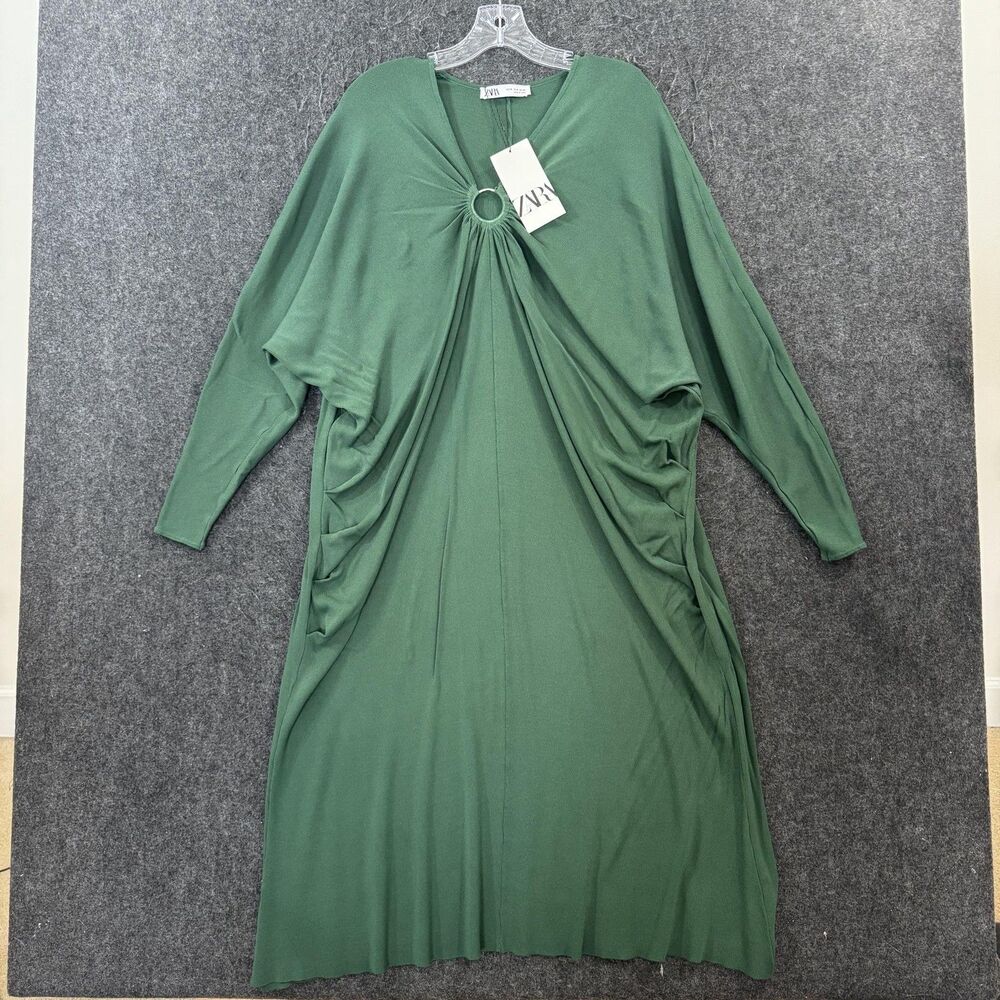 Zara Dress Women's Medium Green Ruched Ring Front Kaftan Maxi Dolman Sleeve Knit